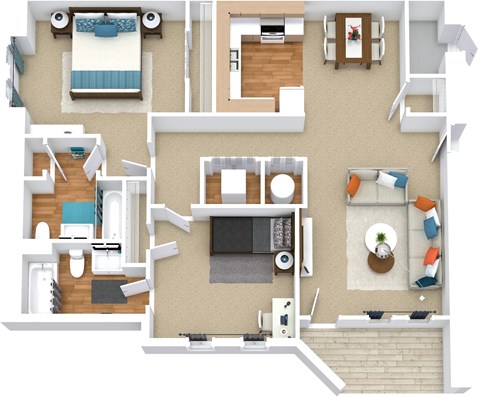 A top-down view of a house layout with a living room, kitchen, and bedrooms.